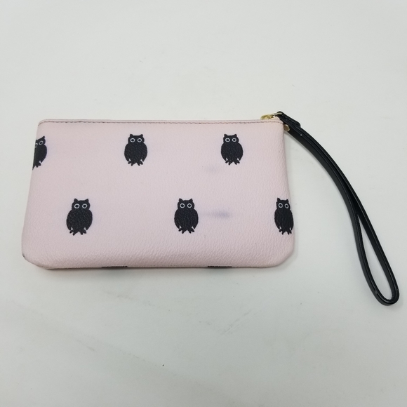 Kate Spade Light Pink & Black Owl Printed Wristlet Clutch ♠️ Novelty Bag - Picture 2 of 10